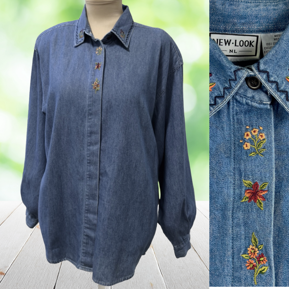 Vintage Denim Gardening Smock Embroidered Flowers Button Up Tunic Cottagecore M